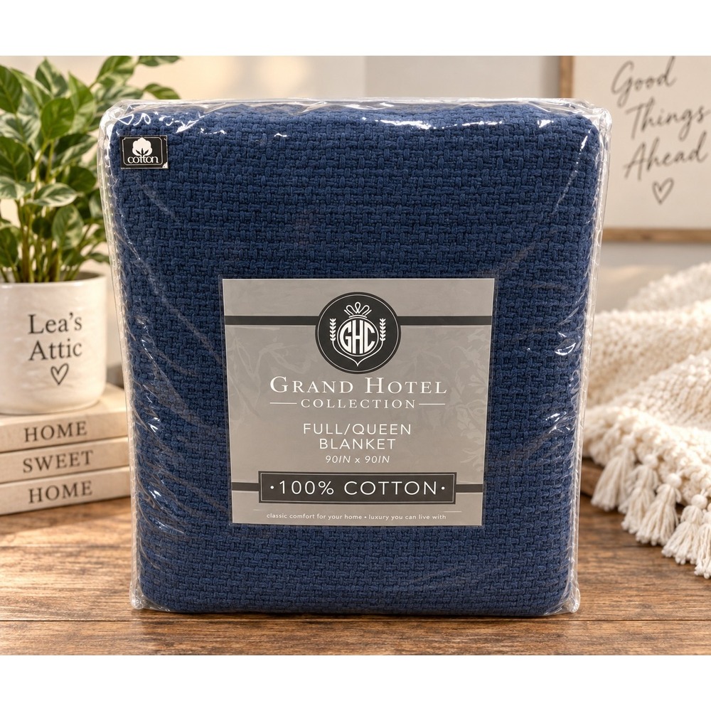 Grand Hotel Collection Full Queen Blanket Navy Blue 100% Cotton 90x90 Luxury